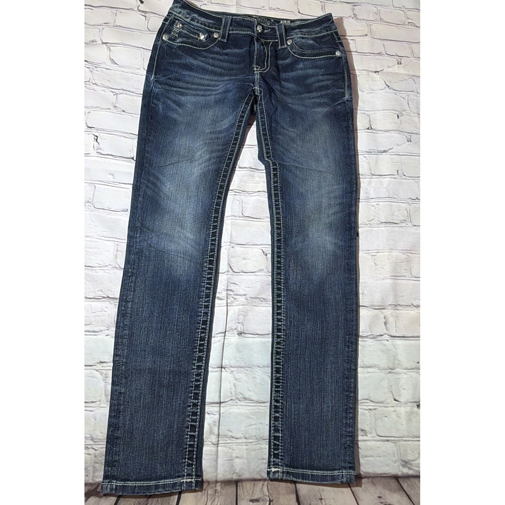 Miss Me Jeans Womens 28 Signature Skinny‎ Blue Jeans Rhinestones Embroidered
